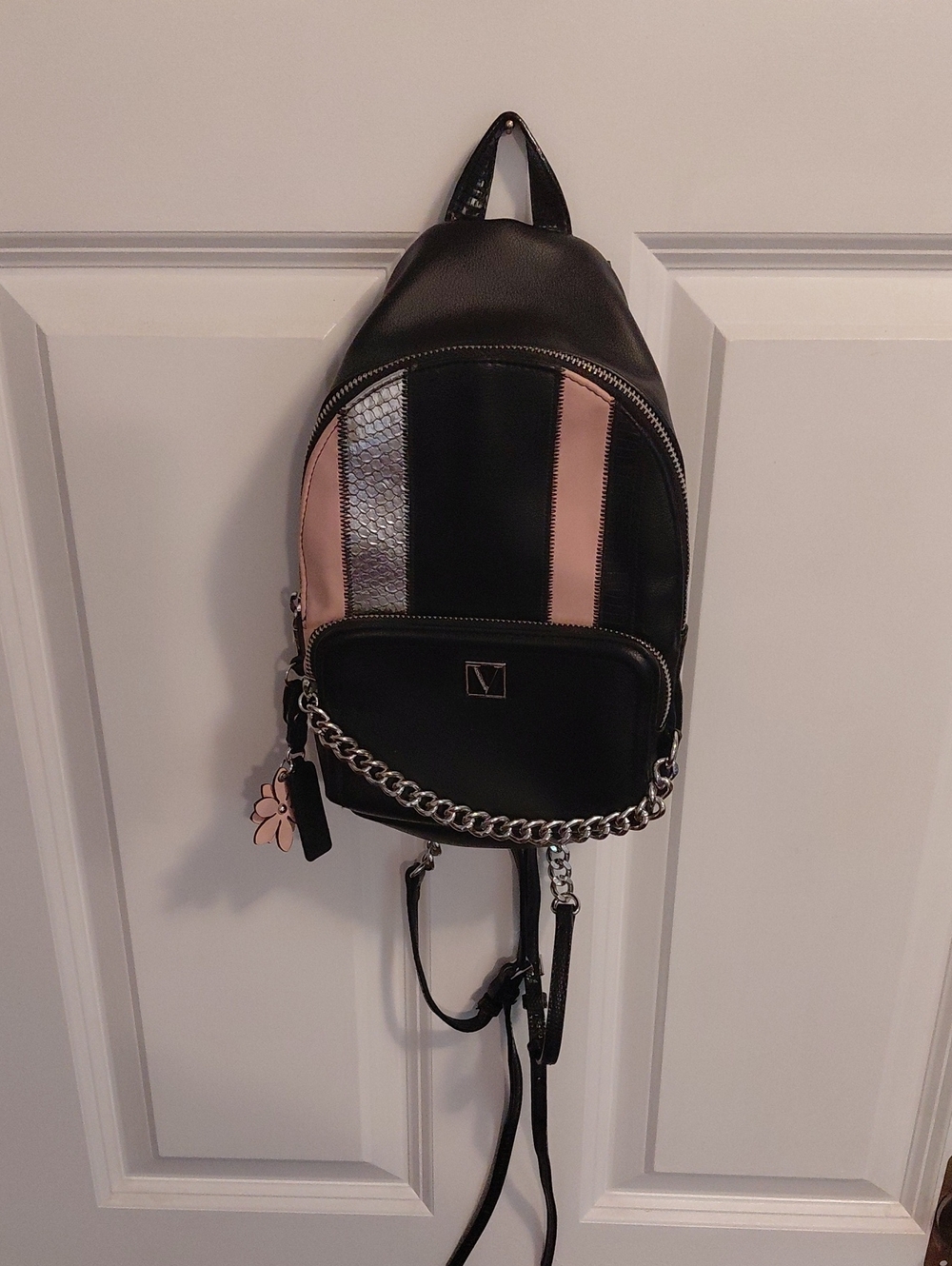 Victoria's Secret Black and Blush Mini Backpack with Silver Chain